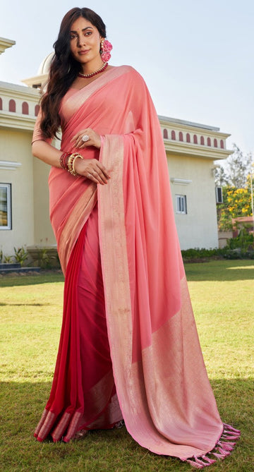 Lovely Peach Color Georgette Fabric Partywear Saree
