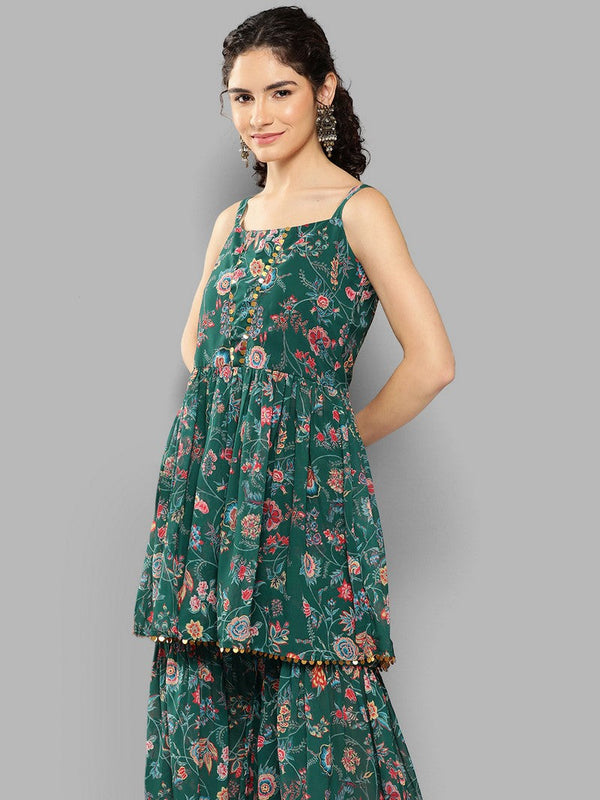 Grand Green Color Georgette Fabric Designer Kurti With Bottom