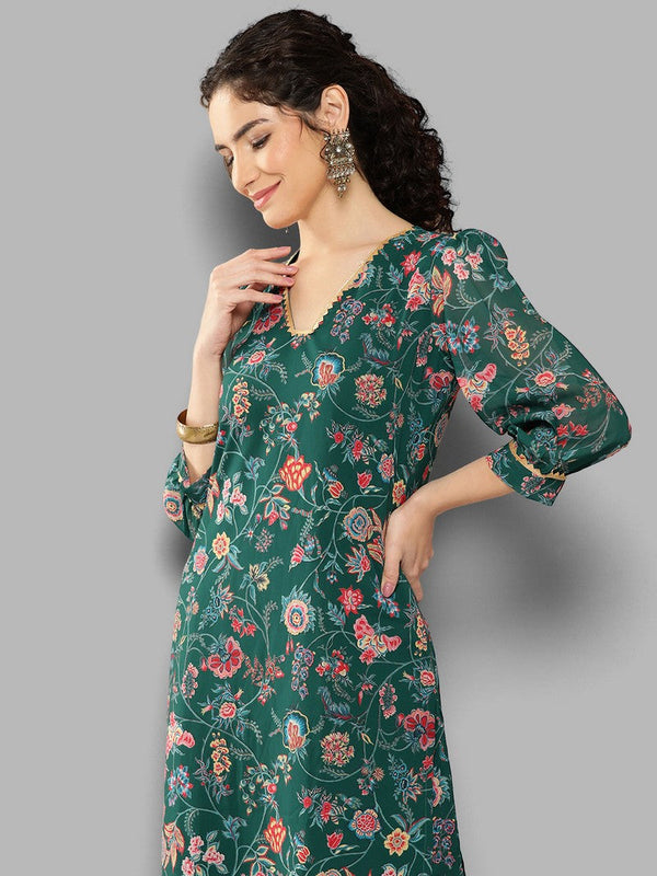 Grand Green Color Georgette Fabric Designer Kurti With Bottom