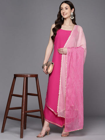 Grand Pink Color Georgette Fabric Designer Kurti With Bottom