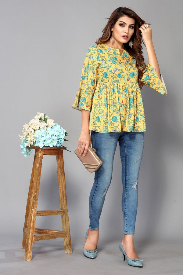 Pretty Yellow Color Crepe Fabric Short Kurti