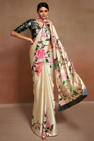 Lovely Beige Color Satin Fabric Casual Saree