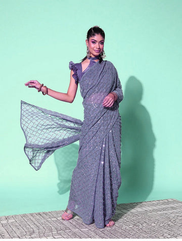 Lovely Grey Color Georgette Fabric Partywear Saree