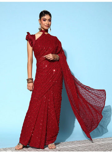 Lovely Red Color Georgette Fabric Partywear Saree
