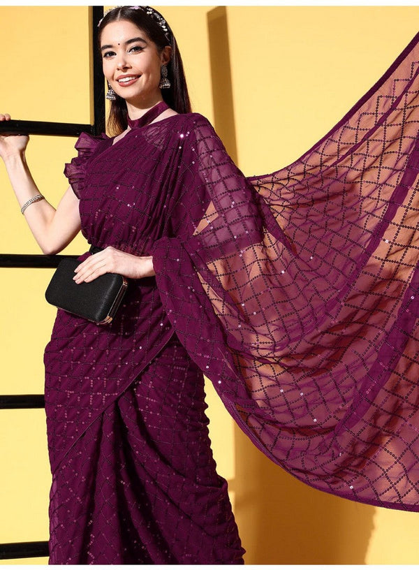 Lovely Wine Color Georgette Fabric Partywear Saree