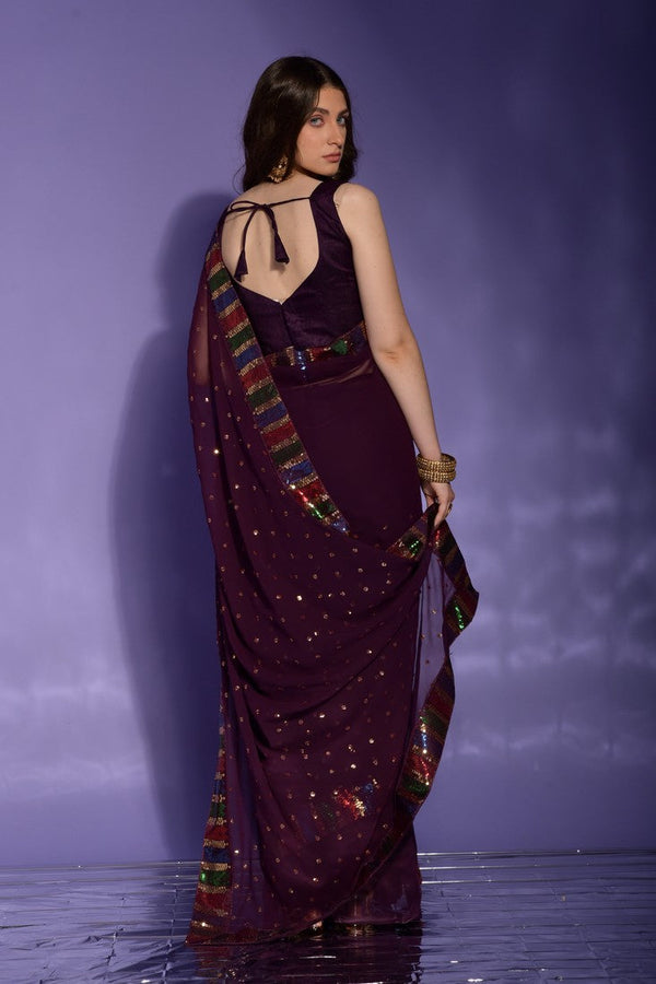 Amazing Wine Color Georgette Fabric Partywear Saree