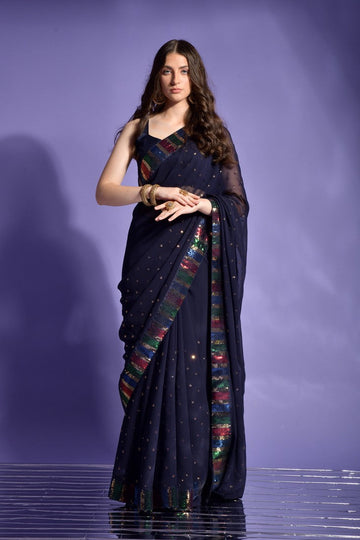 Amazing Navy Blue Color Georgette Fabric Partywear Saree