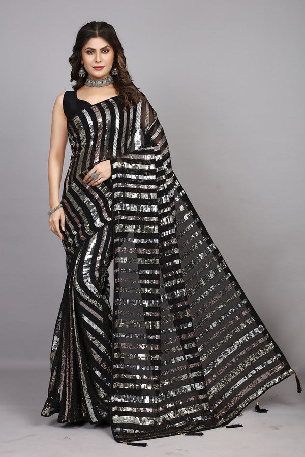 Dazzling Black Color Georgette Fabric Partywear Saree