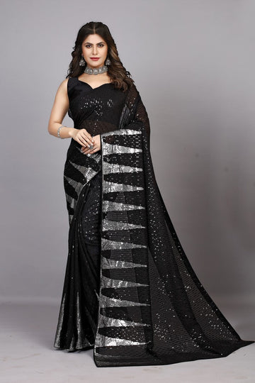 Dazzling Black Color Georgette Fabric Partywear Saree