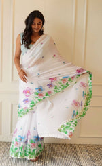 Stunning White Color Linen Fabric Casual Saree