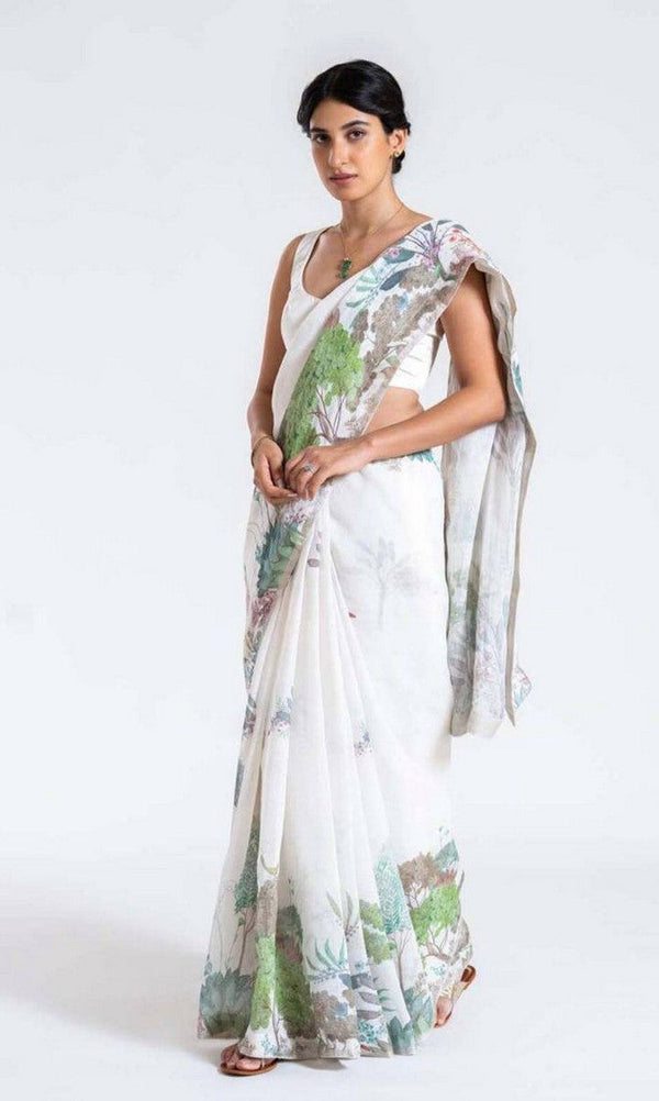 Stunning White Color Linen Fabric Casual Saree