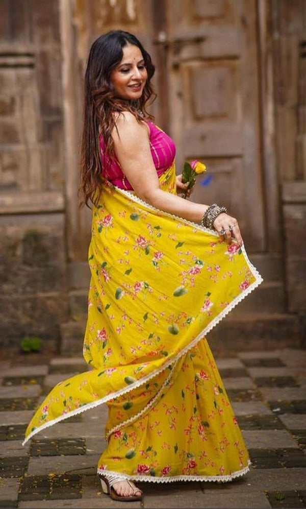 Stunning Yellow Color Linen Fabric Casual Saree