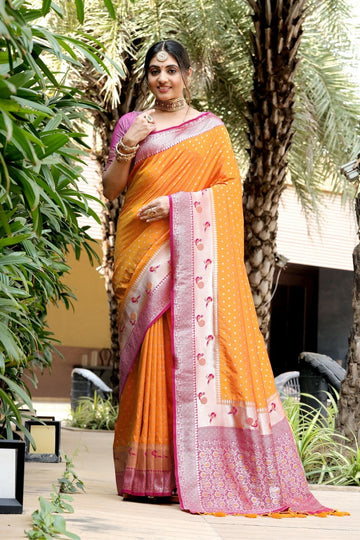 Amazing Mustard Color Banarasi Fabric Partywear Saree
