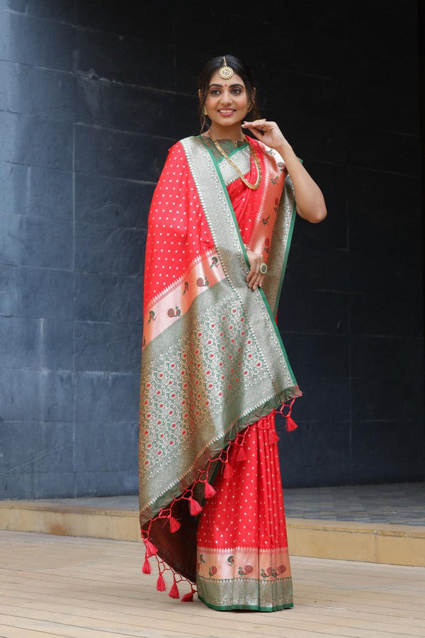 Amazing Red Color Banarasi Fabric Partywear Saree