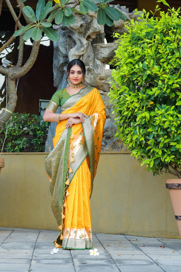 Amazing Yellow Color Banarasi Fabric Partywear Saree