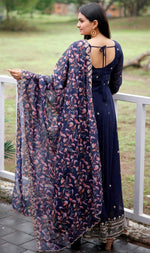 Dazzling Navy Blue Color Georgette Fabric Gown