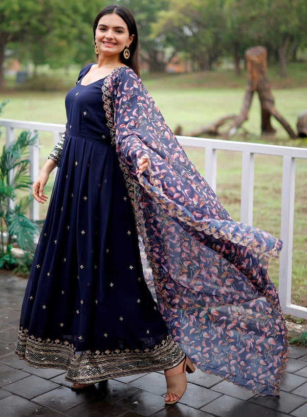 Dazzling Navy Blue Color Georgette Fabric Gown