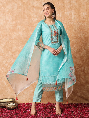 Divine Turquoise Color Linen Fabric Designer Suit