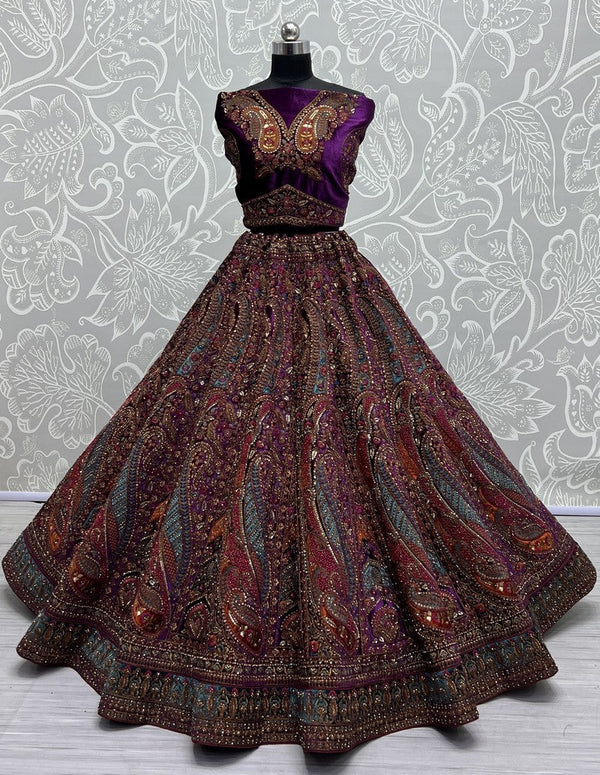 Captivating Purple Color Velvet Fabric Bridal Lehenga