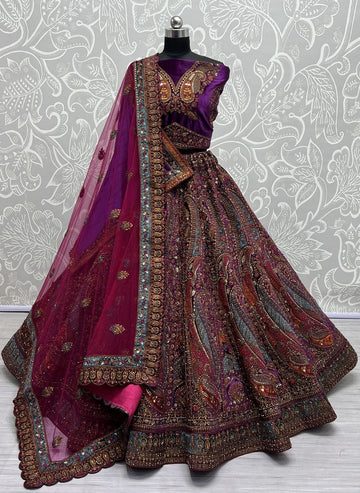Captivating Purple Color Velvet Fabric Bridal Lehenga