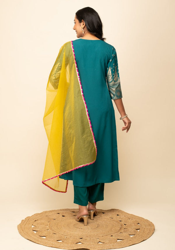 Beautiful Teal Color Crepe Fabric Designer Suit