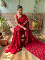 Elegant Red Color Georgette Fabric Partywear Saree