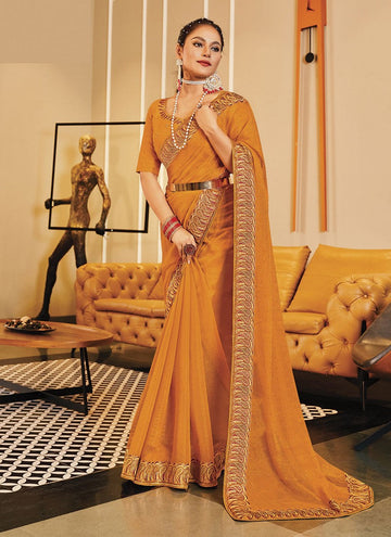 Beauteous Yellow Color Shimmer Fabric Designer Saree