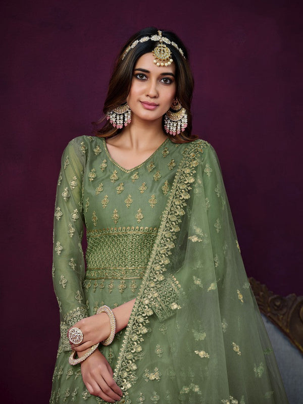 Tasteful Green Color Net Fabric Partywear Suit