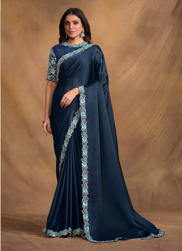 Amazing Navy Blue Color Satin Fabric Partywear Saree
