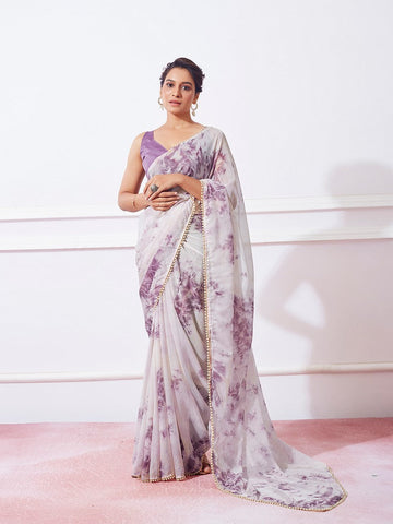 Dazzling Purple Color Organza Fabric Casual Saree