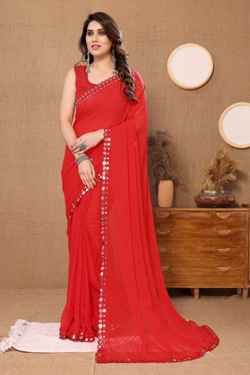 Elegant Red Color Chiffon Fabric Casual Saree