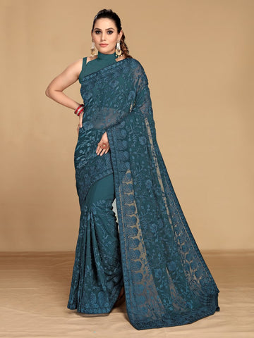 Dazzling Teal Color Georgette Fabric Partywear Saree