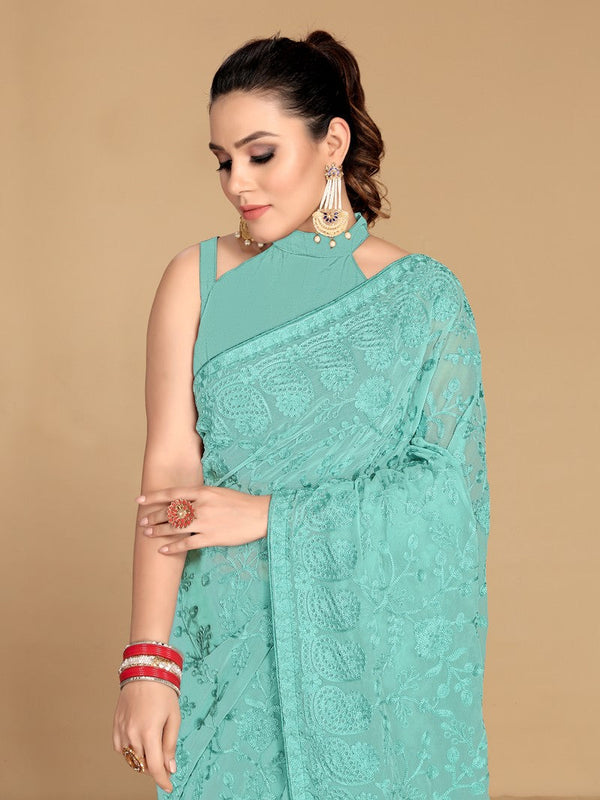 Dazzling Turquoise Color Georgette Fabric Partywear Saree