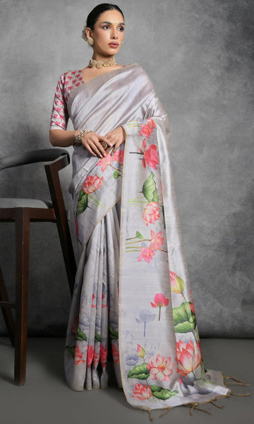 Grand Grey Color Silk Fabric Casual Saree