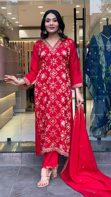 Divine Red Color Viscose Fabric Designer Suit