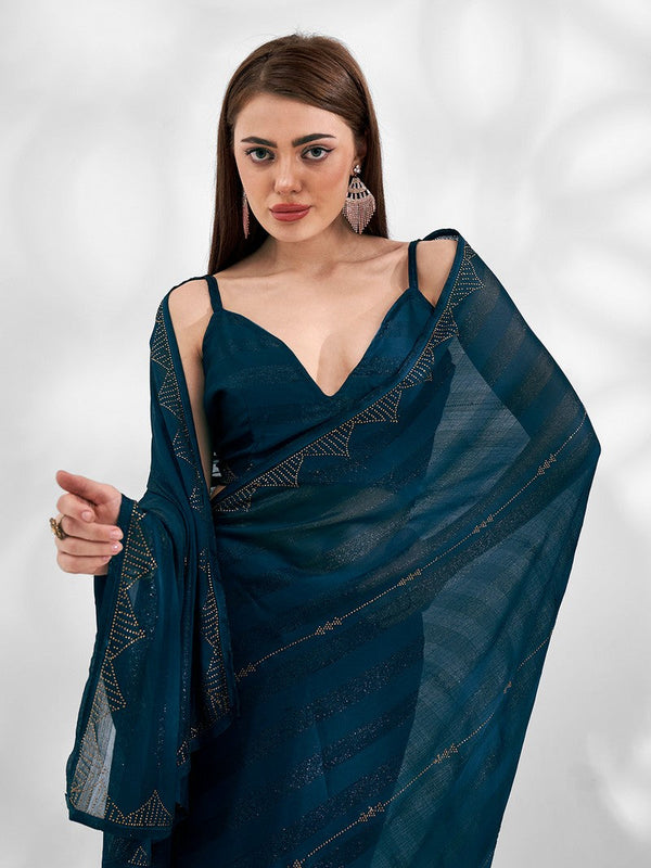 Ideal Teal Color Chiffon Fabric Casual Saree