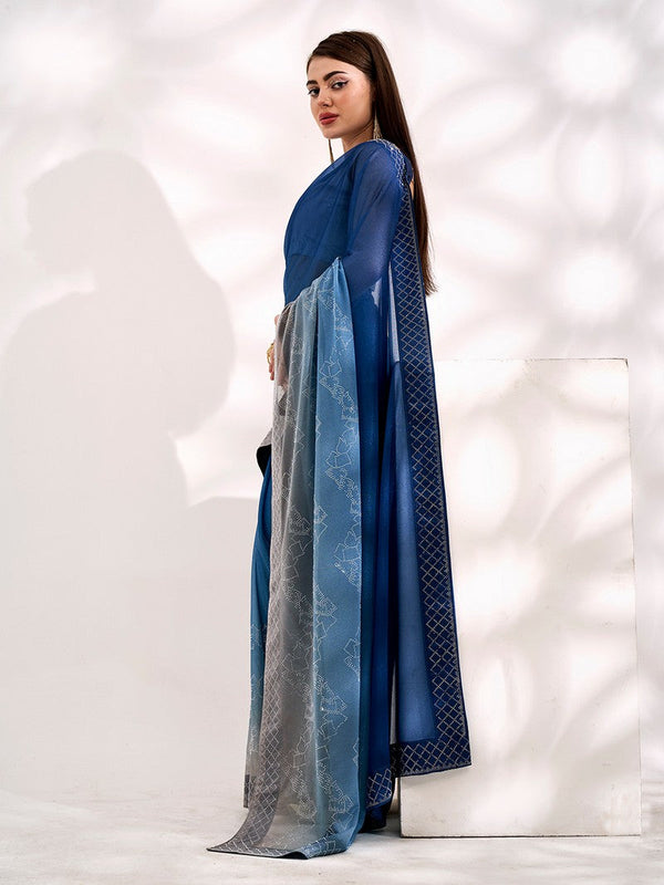 Beauteous Blue Color Lycra Fabric Designer Saree