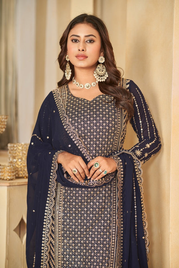 Angelic Navy Blue Color Georgette Fabric Sharara Suit