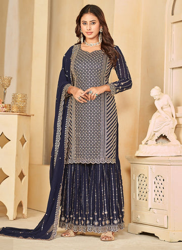 Angelic Navy Blue Color Georgette Fabric Sharara Suit