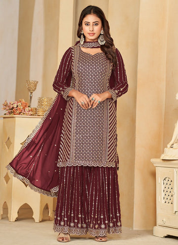 Angelic Maroon Color Georgette Fabric Sharara Suit