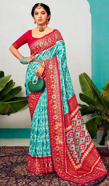 Beauteous Aqua Color Silk Fabric Partywear Saree