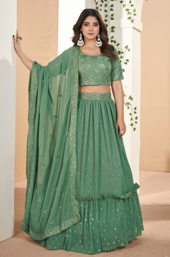 Magnetic Green Color Georgette Fabric Party Wear Lehenga