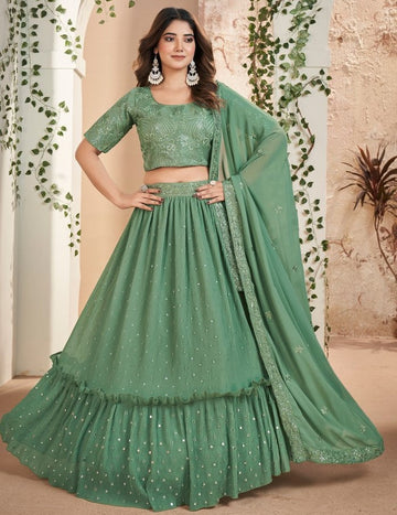 Magnetic Green Color Georgette Fabric Party Wear Lehenga