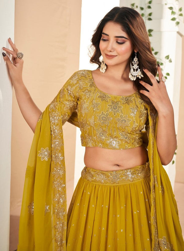 Magnetic Mustard Color Georgette Fabric Party Wear Lehenga