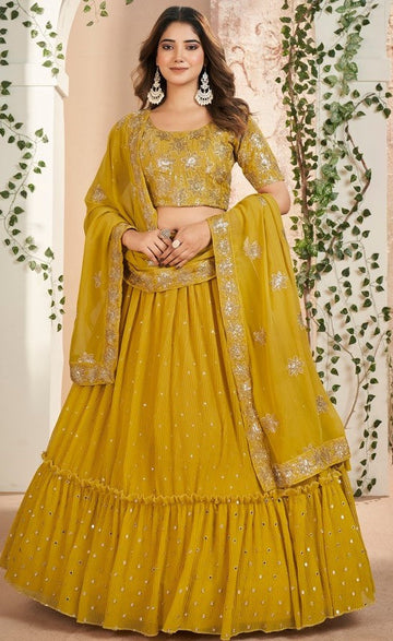 Magnetic Mustard Color Georgette Fabric Party Wear Lehenga