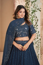 Magnetic Navy Blue Color Georgette Fabric Party Wear Lehenga