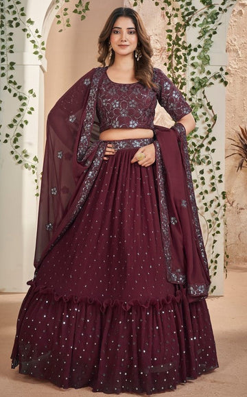 Magnetic Wine Color Georgette Fabric Party Wear Lehenga