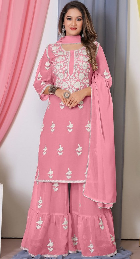 Tasteful Pink Color Georgette Fabric Sharara Suit
