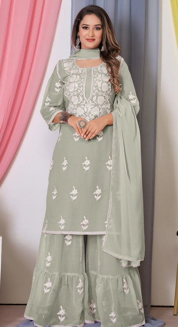 Tasteful Grey Color Georgette Fabric Sharara Suit