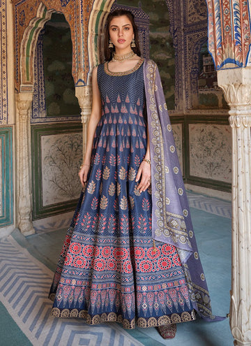 Striking Navy Blue Color Silk Fabric Gown